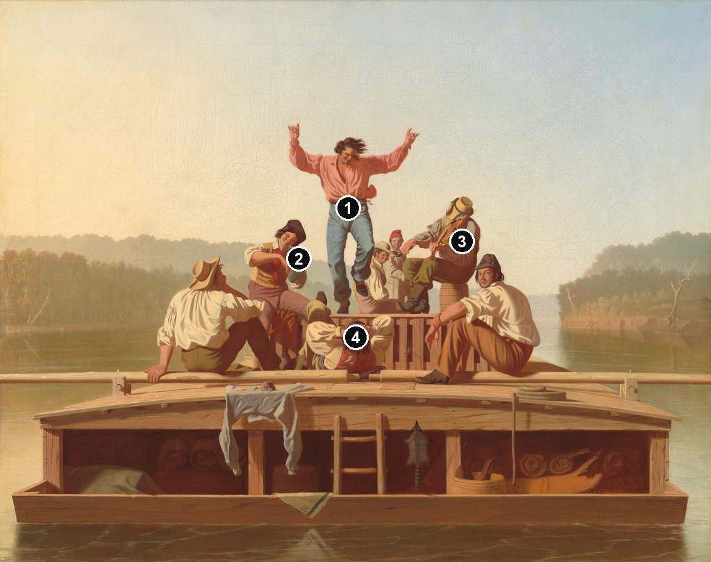 Annotated details from The Jolly Flatboatmen by George Caleb Bingham